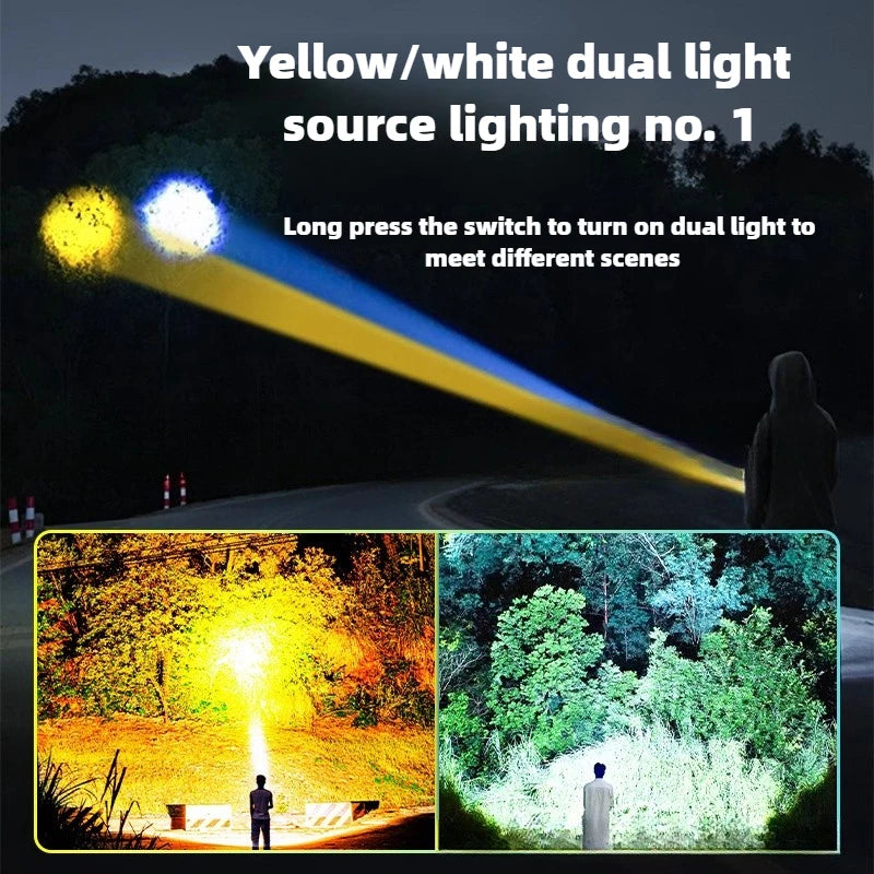 100000LM Dual Laser Flashlight White & Yellow Beam Rechargeable Zoom Tactical Torch with COB Side Light