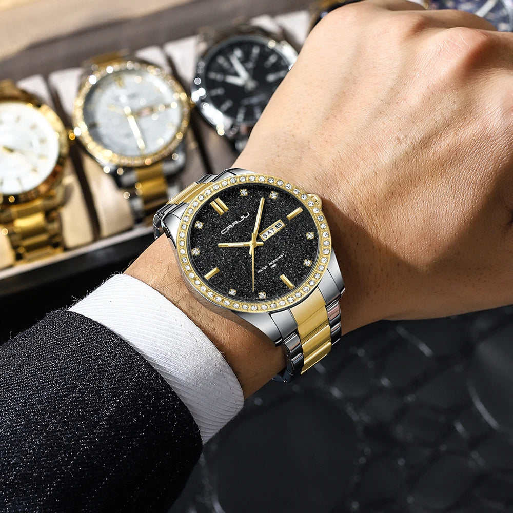 Men Watch Moissanite Diamond Luxury Brand Golden Dial Watches with Stainless Steel Band with Luminous Relogio Masculino