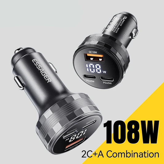108W USB C Car Charger 3 Ports PD 3.0 Fast Charging Digital Display Dual Type C + USB Adapter