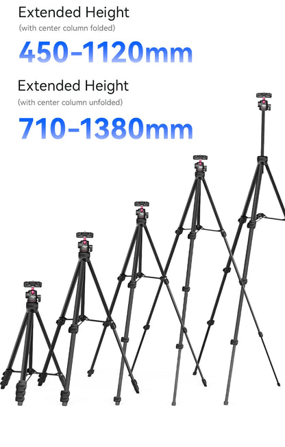 Portable Tripod Universal Camera Phone Lightweight Stand 450-1380mm Tripod with Floding Phone Clip