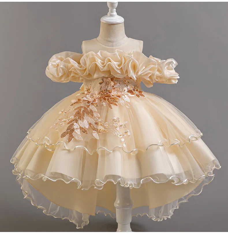 Luxury Off-Shoulder Gown with Train for Girls  Tulle Dress for Fashion Walk Show & Pageants