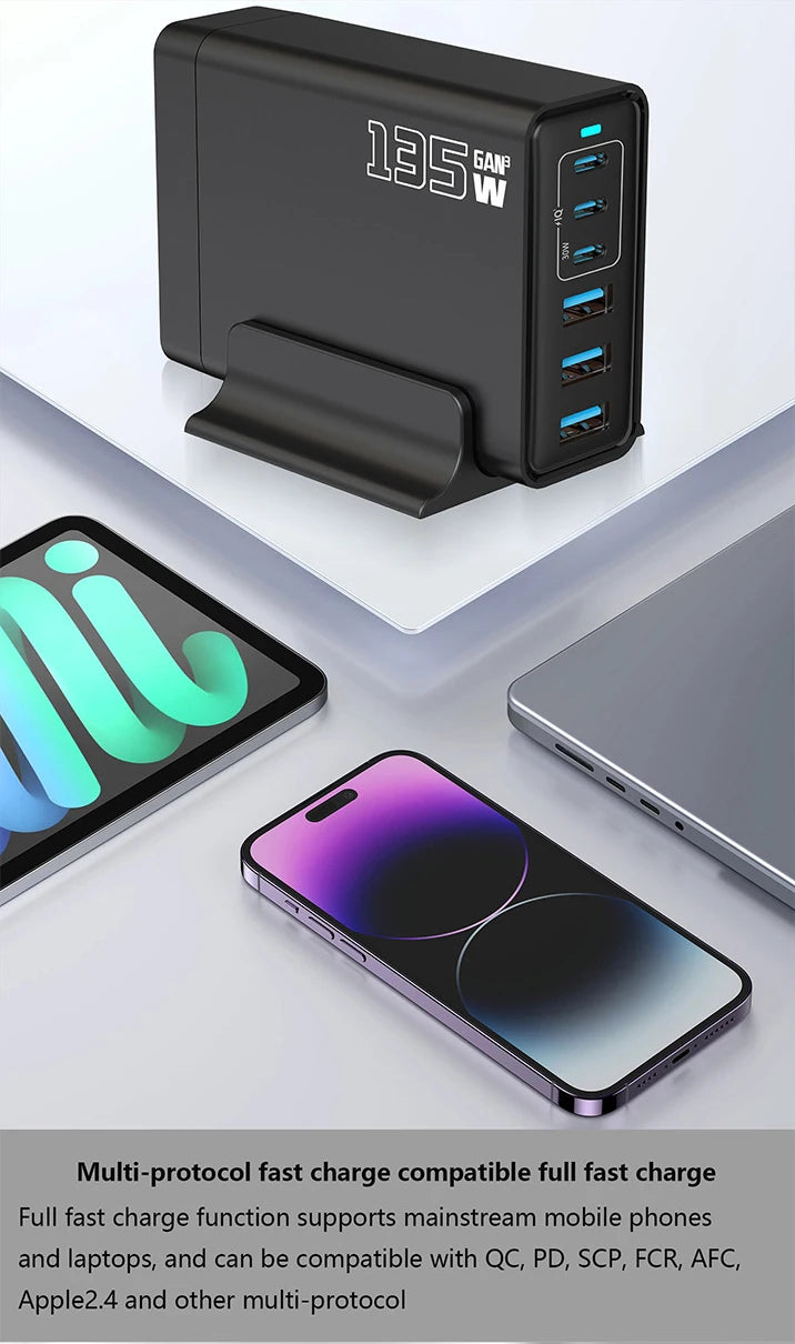 135W Gallium Nitride Charger Gallium Nitride Desktop Multi Port Fast Charging USB Desktop Charging Station Multi Port Charger