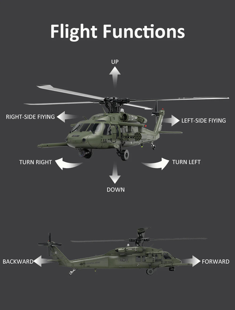 Six Channel Flybarless Remote Control Military Helicopter With Six Axis Gyroscope