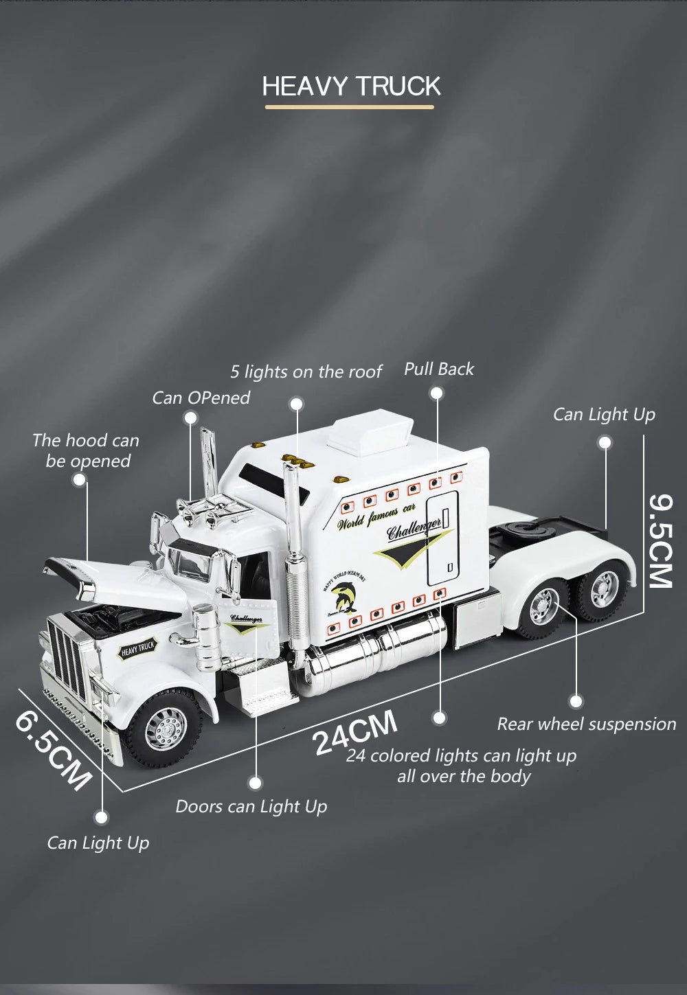 1/24 Scale Peterbilt 389 Heavy Truck Tractor Toy Model Alloy Diecast Sound Light Pull Back Model Truck Boys Toy Gifts Collection