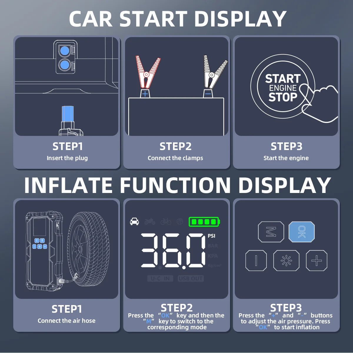 4 In 1 6000A/7000A Jump Starter Power Bank 21800mAh/26800mAh 160PSI Air Compressor Tire Pump For Emergency Booster
