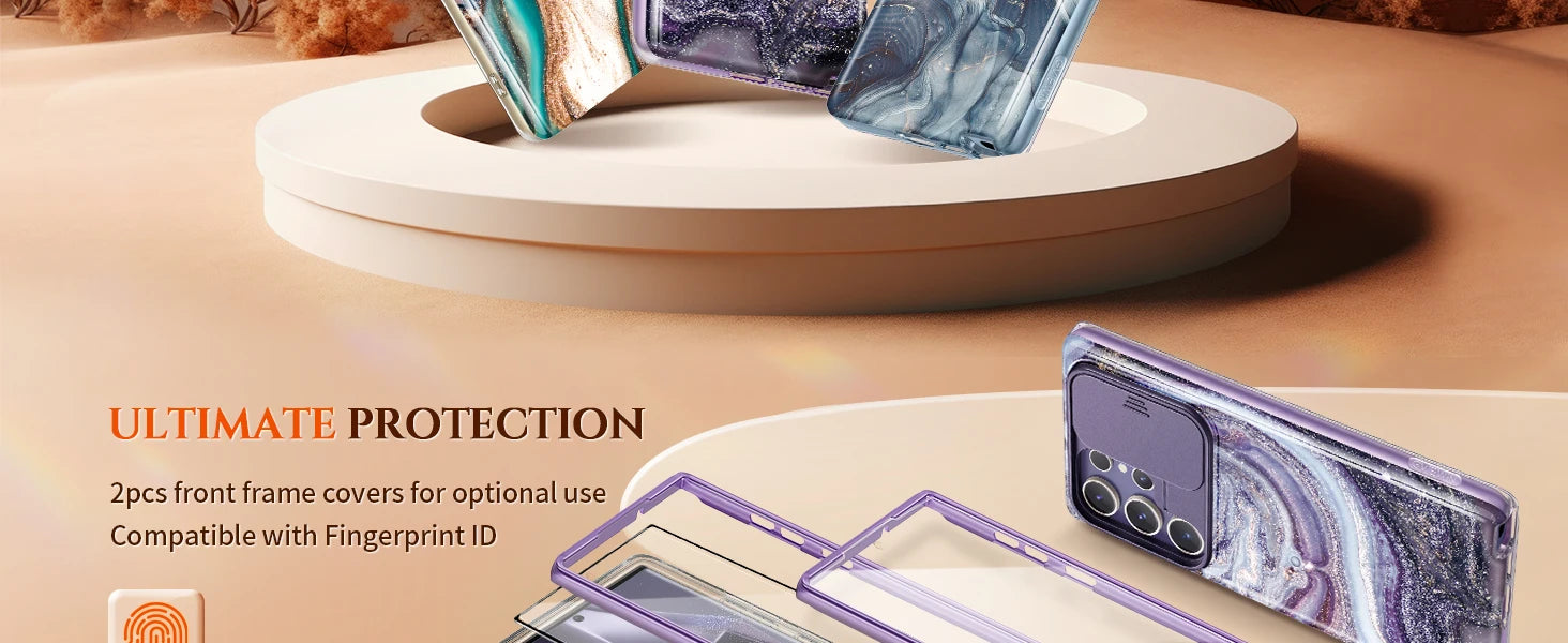 For Samsung Galaxy S24 Ultra Case with 2 Front Frames Slide Camera Lens Protection Heavy Duty Shockproof Marble Phone Case Cover