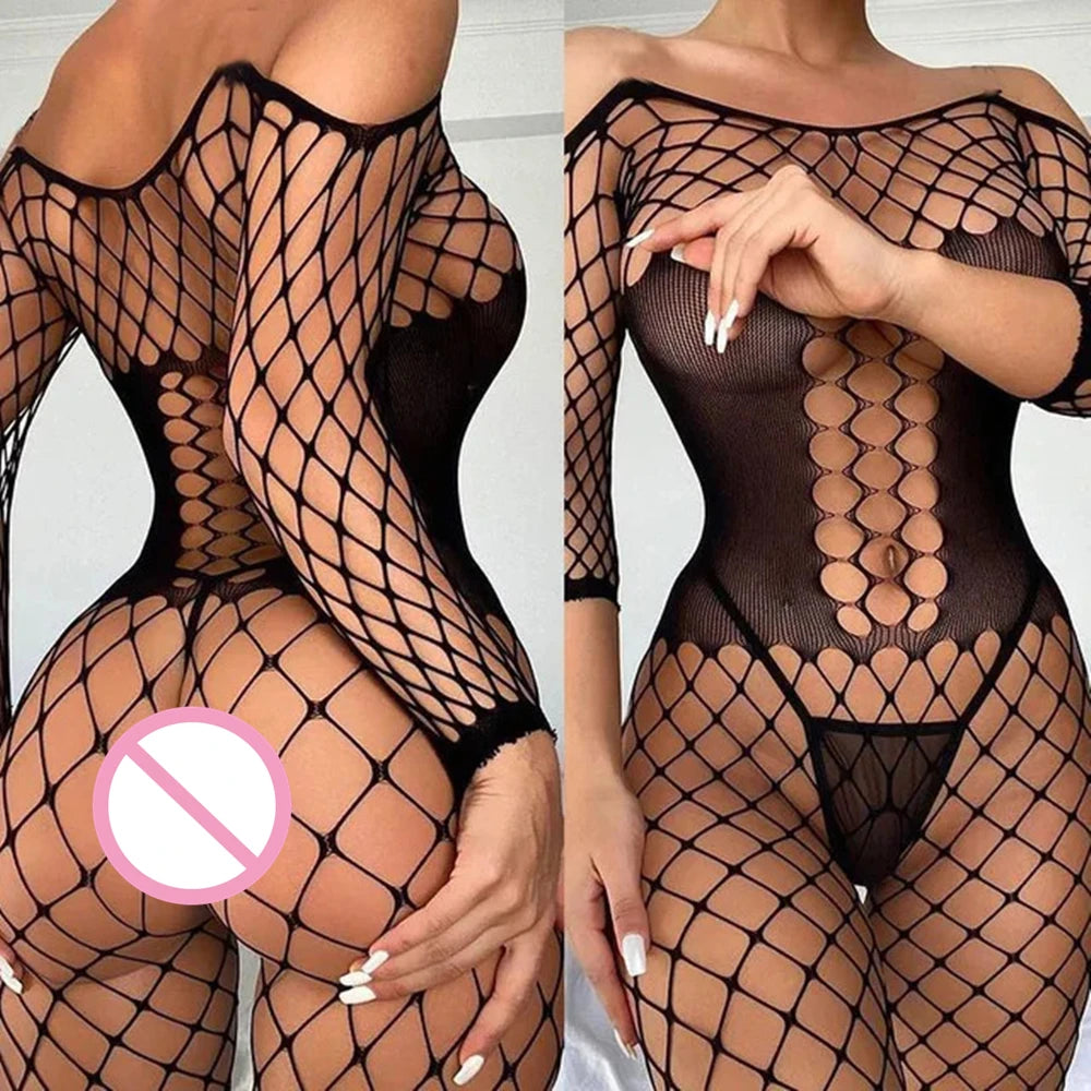 Hollow Bodystocking Erotic Baby doll Teddies Costumes Lingerie Erotic Mesh Fishnet Bodysuit Crotchless Body Stockings