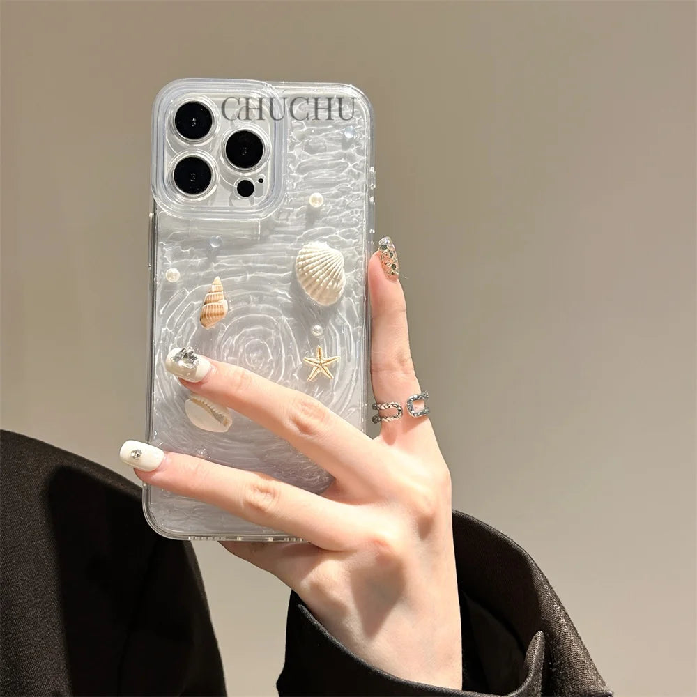 INS Seashell Starfish Conch Pearl Water Ripple Creative Clear Phone Case For iPhone 15 14 13 Pro Max Plus Soft Back Cover