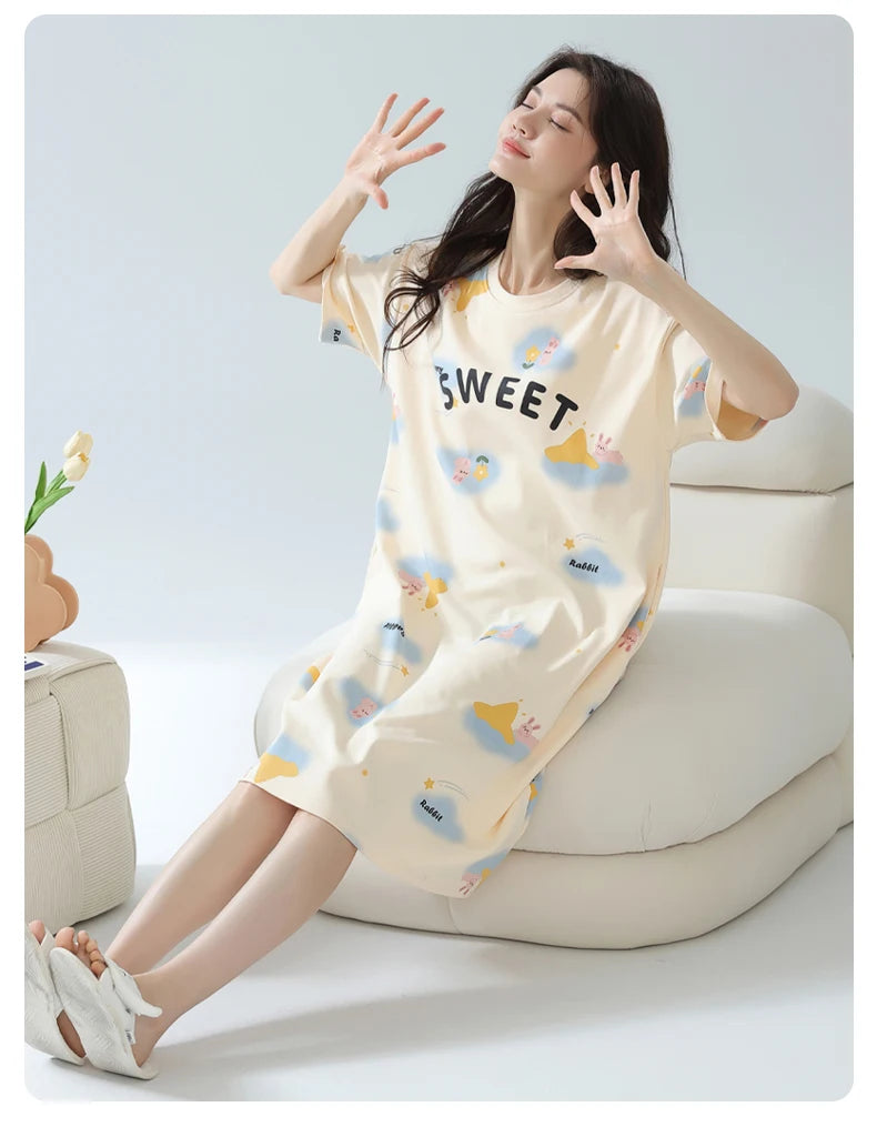 Women’s Cotton Nightgown – Korean Style Cute Print, Summer Short Sleeve Sleepwear Dress