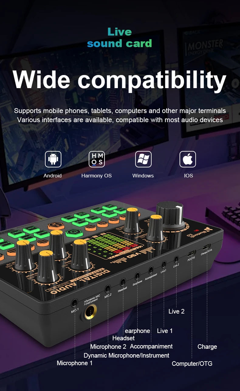 Gaming Audio Mixer,Streaming Mixer with Audio Interface BT Sound Board Voice Changer Sound Card,for PC Phone Live Streaming