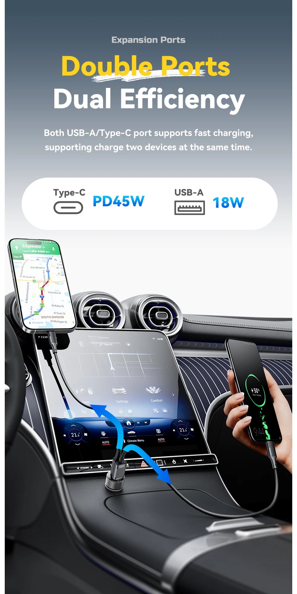 45W USB C Car Charger PD3.0 QC3.0 Fast Charging 2 Port Adapter with Digital Display