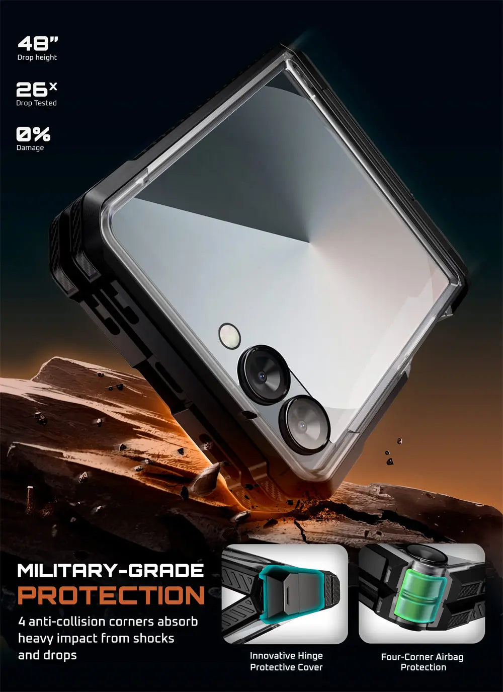 For Samsung Galaxy Z Flip 7 Case UB Grip Military-Grade Rugged Back Phone Case with Stand & Front Screen Protector