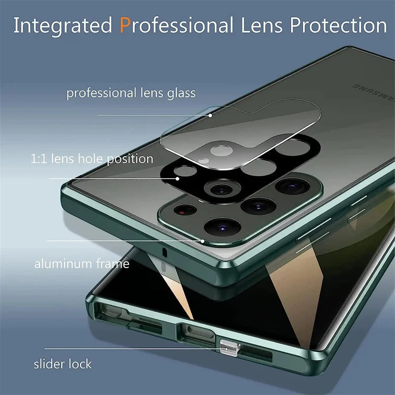 For Samsung Galaxy S24 S23 FE S22 Ultra S24 Plus Full Lens Protection 360 metal Double-sided Glass Buckle Lock  Shell