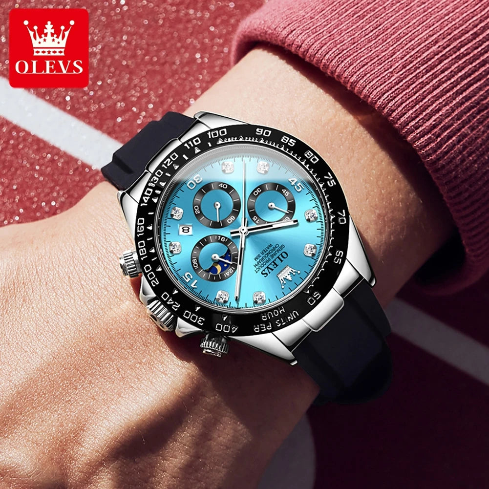 Watch Gold Watch Silicone Luminous Waterproof Luxury Multifunction Analog Chronograph Moon Phase Men Quartz Watch