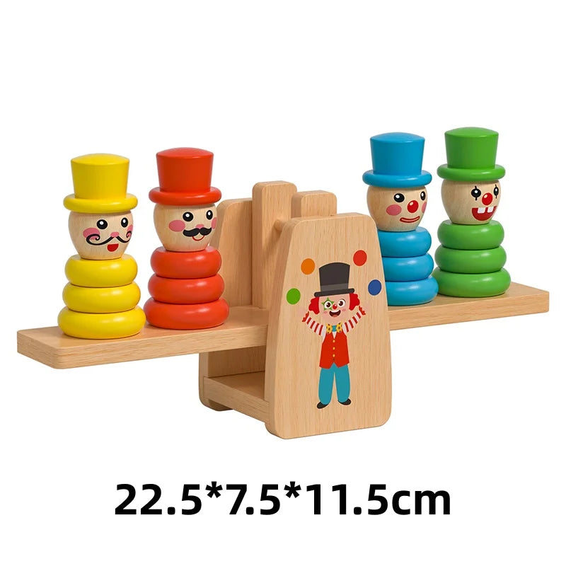 Wooden Clown Balance Scale and Stacking Rings Educational Toy