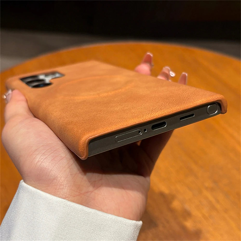 Luxury Leather  For MagSafe Wireless Charging Phone Case For Samsung S23 S24 S25 Ultra Lambskin Solid Color Hard Cover