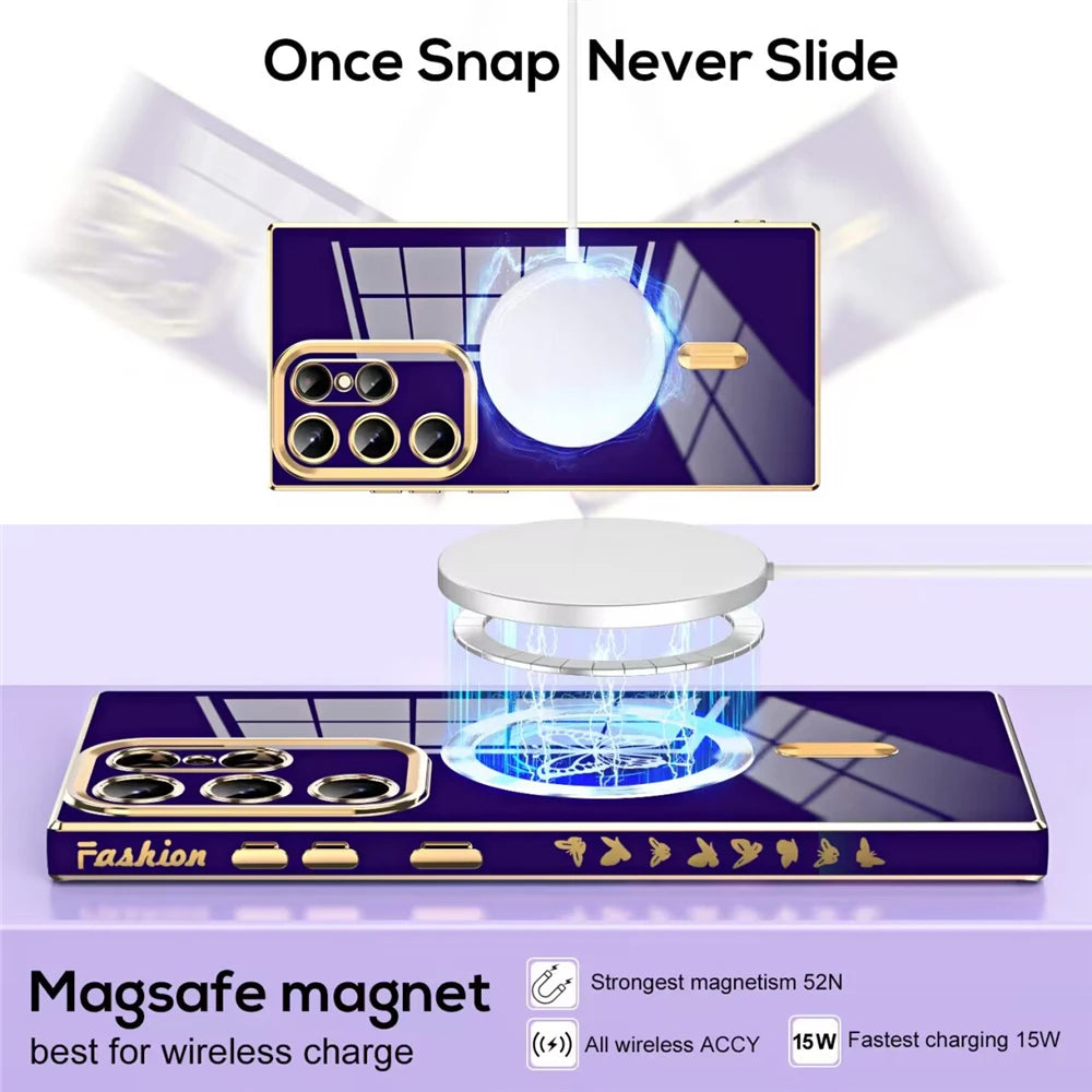 Luxury Electroplate  Butterfly Case For Samsung S23 Ultra S22 S21 Plus For Magsafe Wireless Charging Soft Silicone Cover