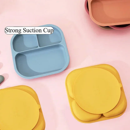 9/7/6 Silicone Baby Dinnerware Set Square Plate Baby Suction Bowl Straw Cup Wooden Spoon Fork Kids Tableware Children Dishes