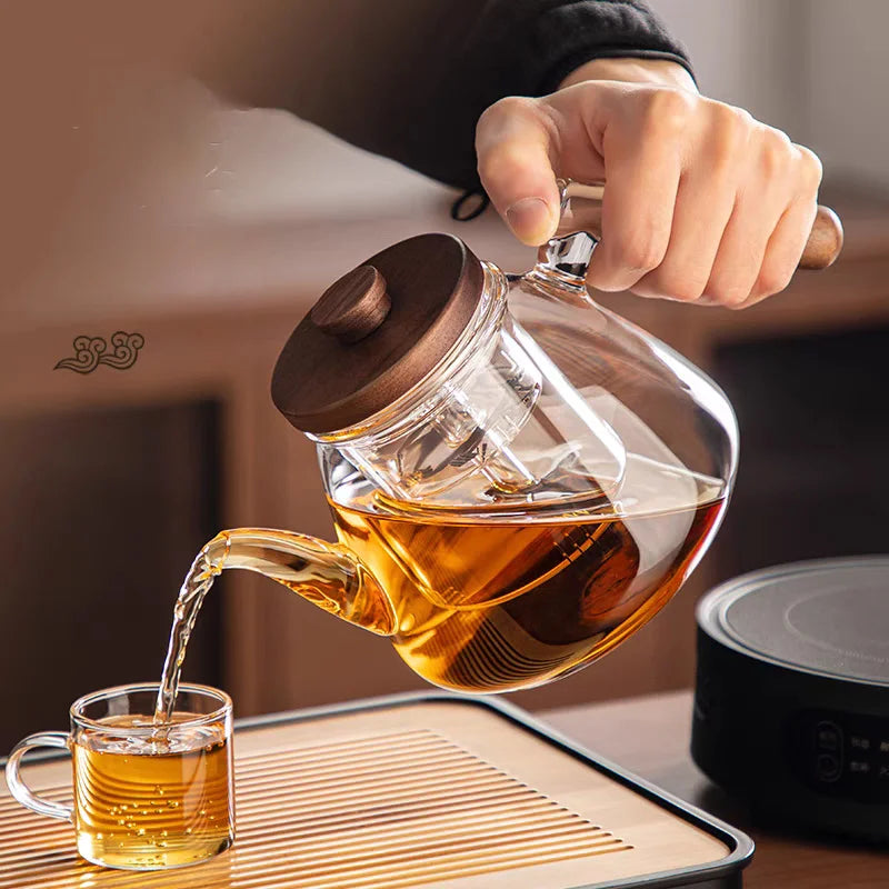 High Borosilicate Glass Teapot with Walnut Handle and Infuser