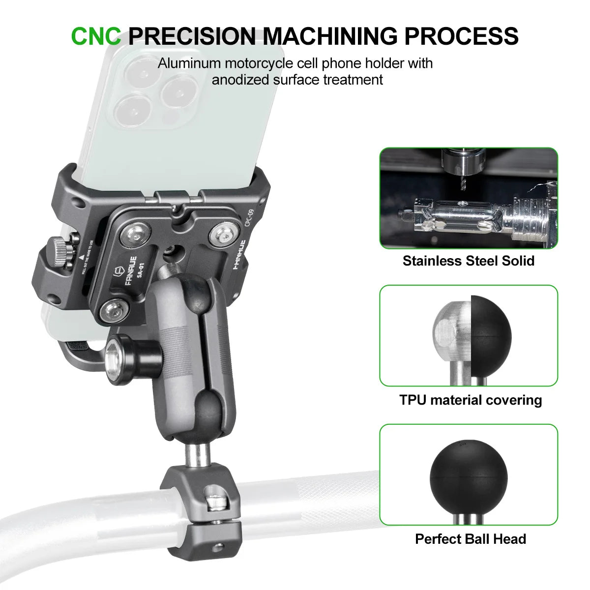Motorcycle Bike Phone Holder Mount Aluminum Alloy with Vibration Dampener ATV/ UTV Bike Scooter Handlebar GPS Clip