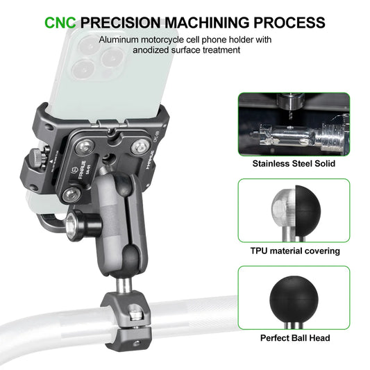 Motorcycle Bike Phone Holder Mount Aluminum Alloy with Vibration Dampener ATV/ UTV Bike Scooter Handlebar GPS Clip