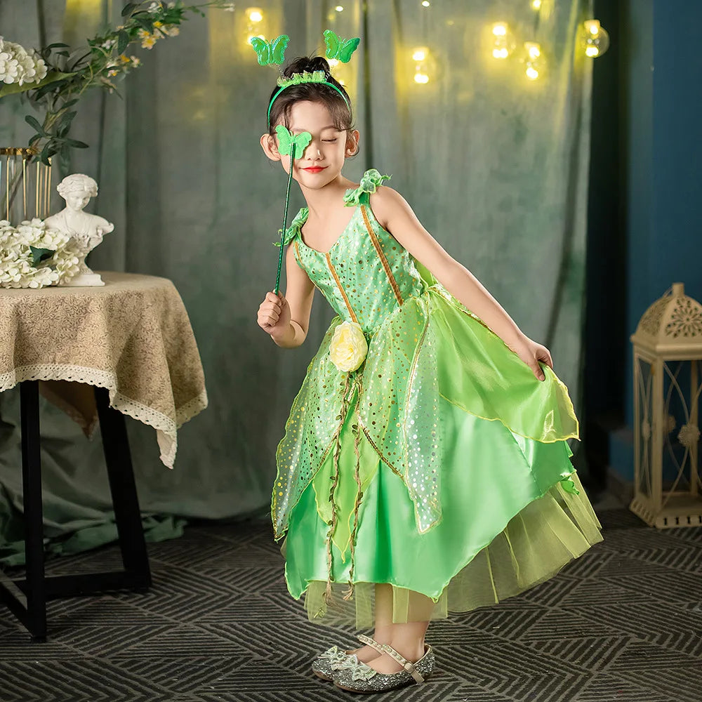 Girl Green Leaf Sequin Fairy Dress Sleeveless Strap Elf Tutu Gown Kids Birthday Party Halloween Cosplay Forest Princess Costume