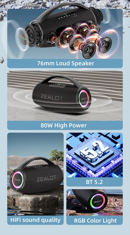 ZEALOT S97 80W Bluetooth Speaker Powerful Wireless Speaker with Portable Handle, for Party, Camping,RGB Colorful Light