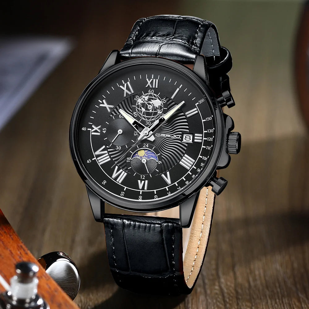 Watch Fashion Business Quartz Watch Sun, Moon and Star Multifunctional Luminous Waterproof Father's Day Gift