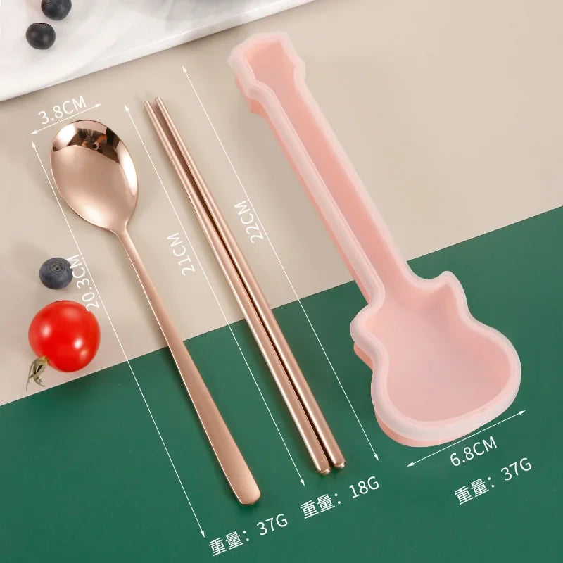 2/3Pcs Cutlery Set Fork Spoon Chopsticks Dinnerware Set 304 Stainless Steel Portable Travel Flatware Guitar Box