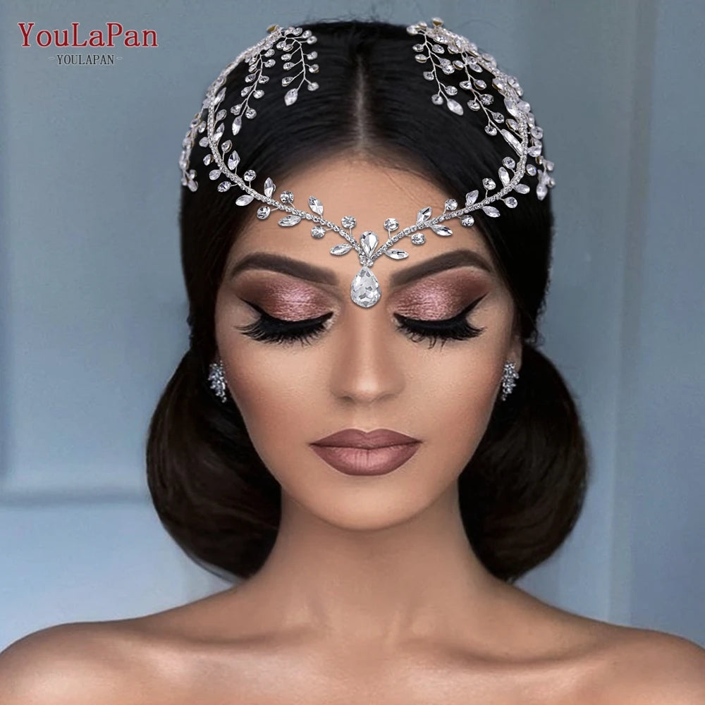 Wedding Forehead Headband Rhinestone Women Headdress Bridal Tiara Hair Accessories Bride Head Piece with Combs