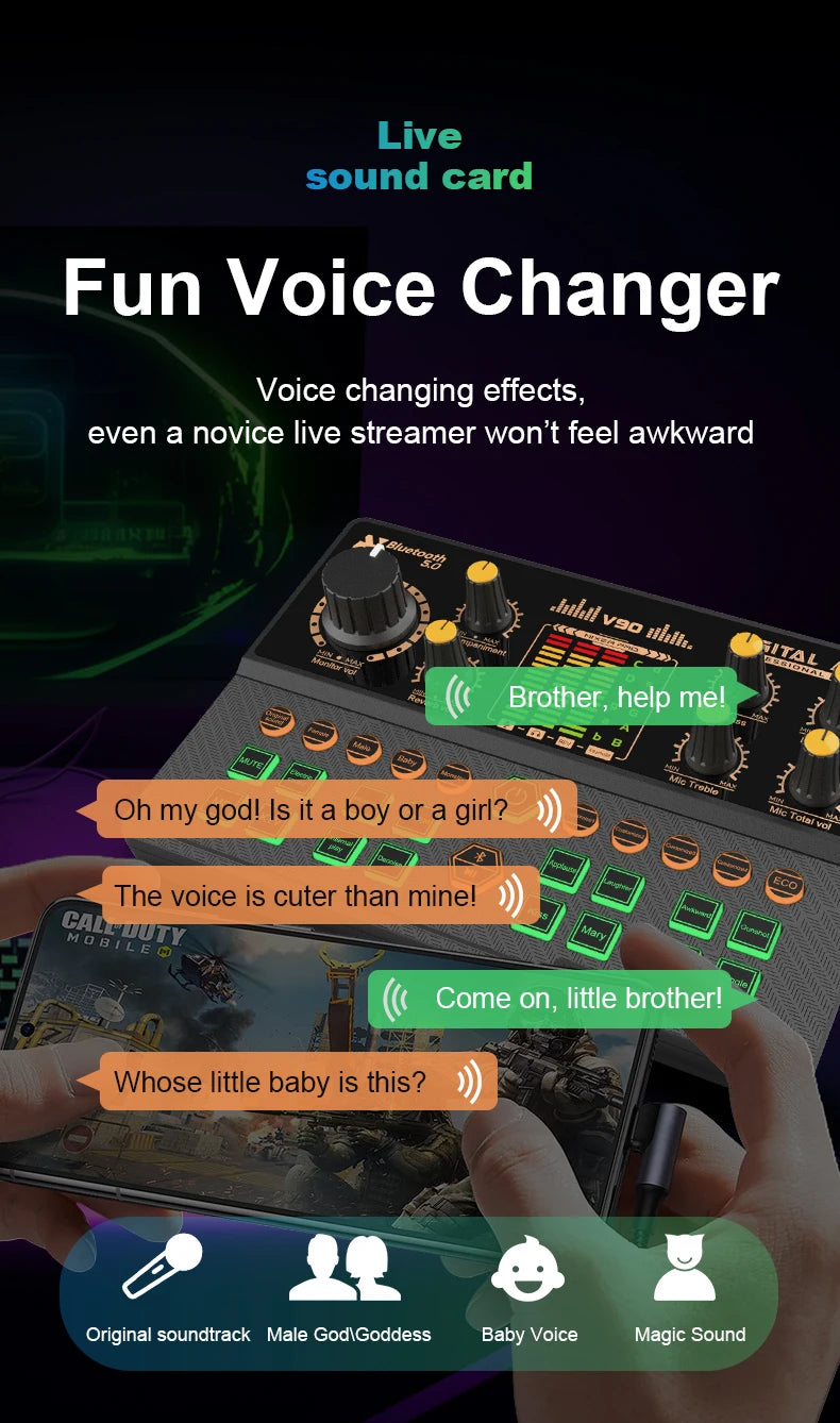 Gaming Audio Mixer,Streaming Mixer with Audio Interface BT Sound Board Voice Changer Sound Card,for PC Phone Live Streaming