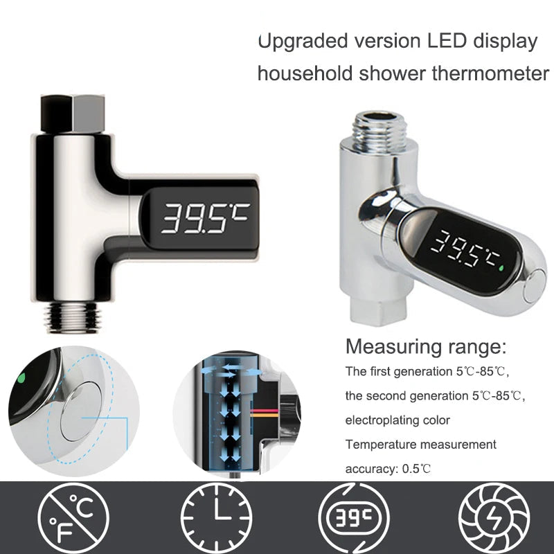 LED Display Household Water Shower Thermometer 5-85℃ Flow Self-powered Water Thermometer Monitoring Baby Care Energy Smart Meter