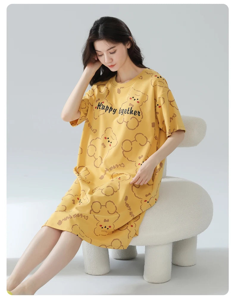 Women’s Cotton Nightgown – Korean Style Cute Print, Summer Short Sleeve Sleepwear Dress