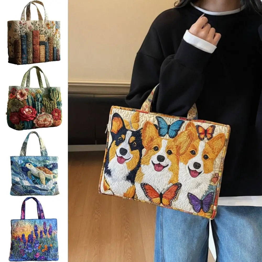 Vintage Quilted Canvas Tote Bag Large Capacity 3D Print Shoulder Handbag