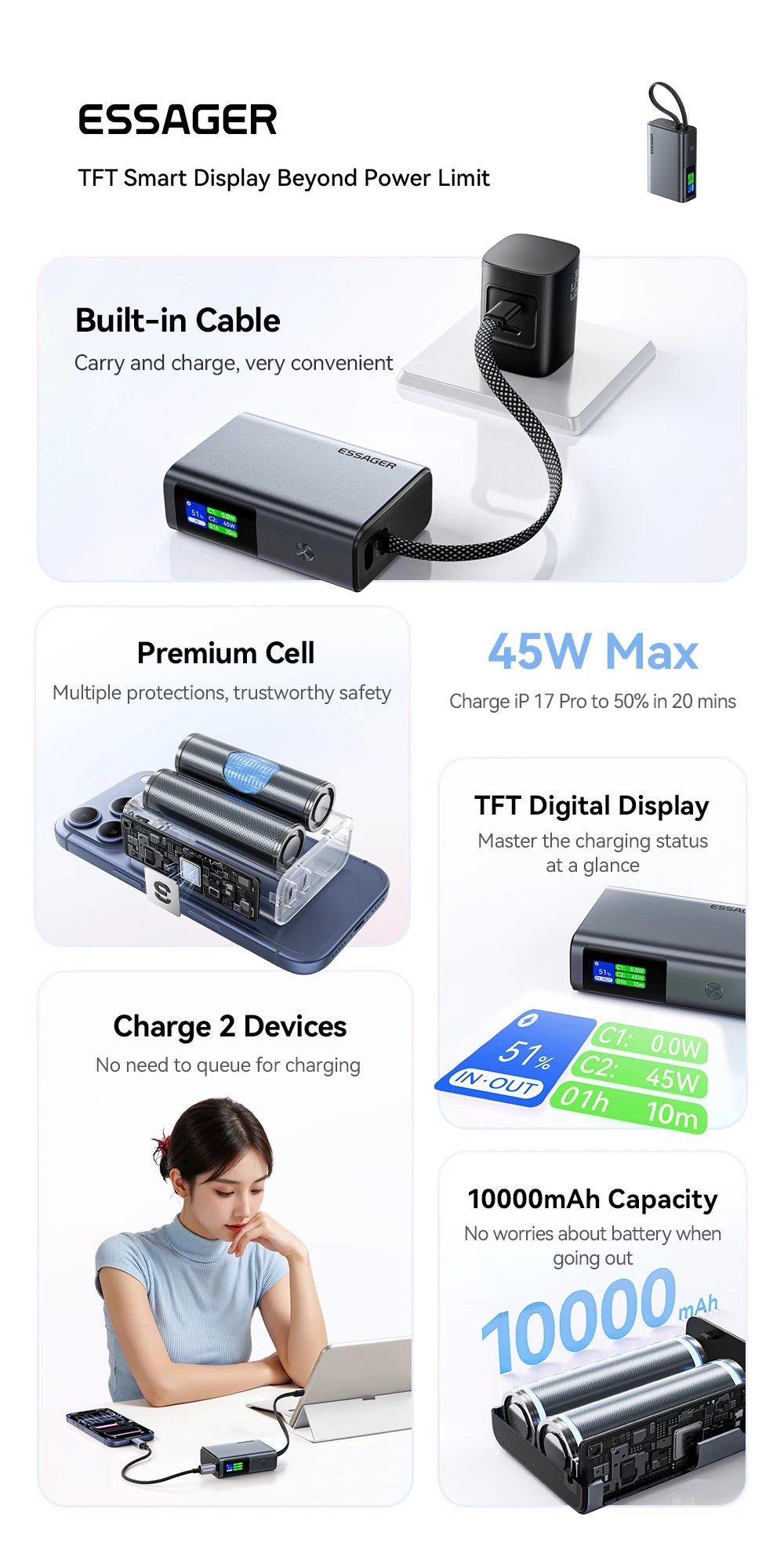 45W Power Bank 10000mAh Built-in USB C Cable Fast Charging Portable Battery with Digital Display
