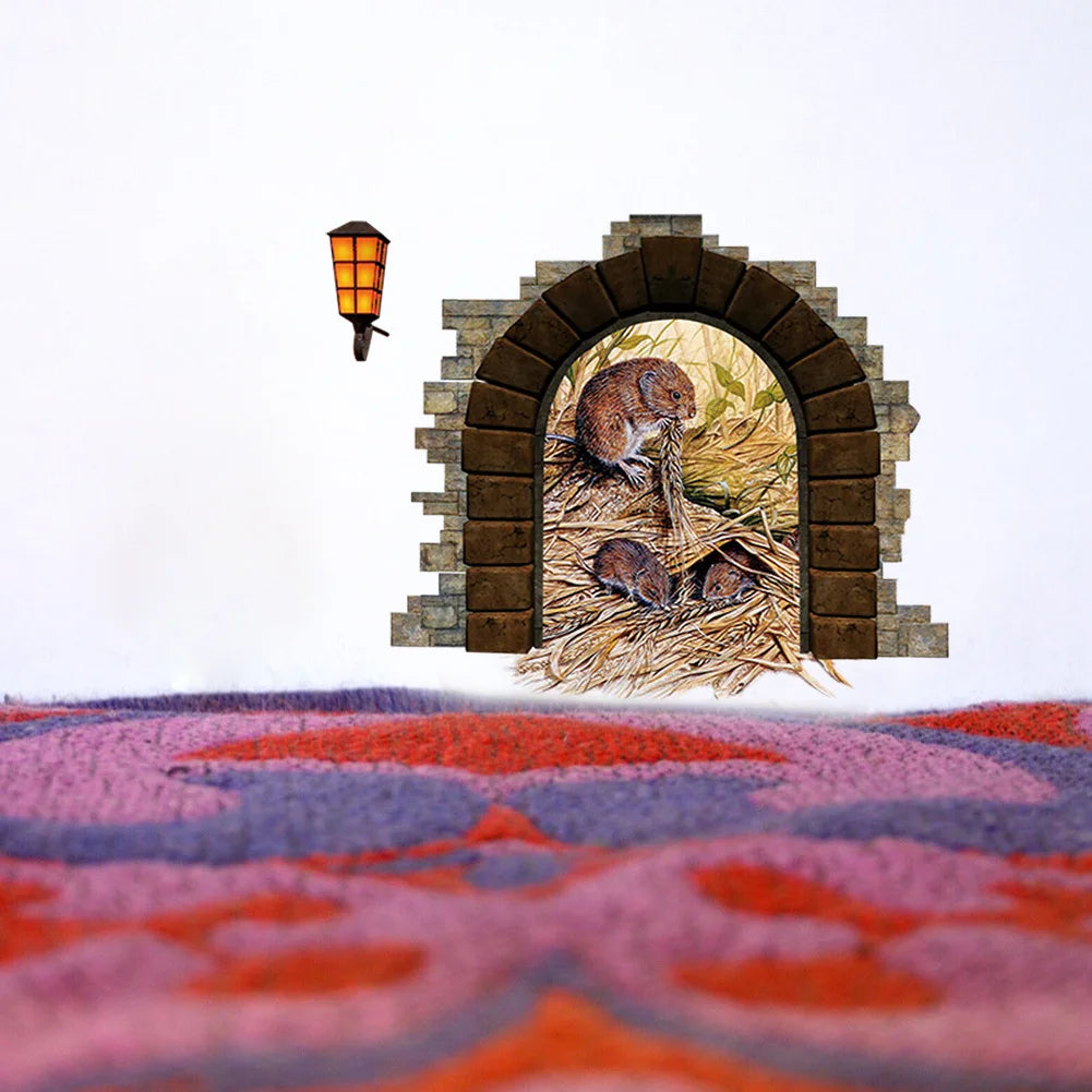 3pcs/Set 3D Mouse Hole Wall Sticker Mouse Garden Hole Vinyl Decal Cute Animal Door Sticker Nursery Home Decoration