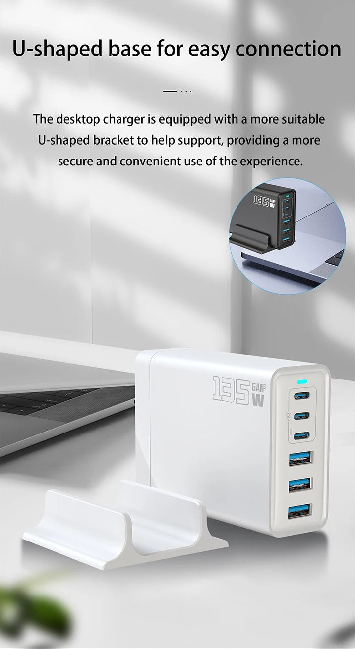 135W Gallium Nitride Charger Gallium Nitride Desktop Multi Port Fast Charging USB Desktop Charging Station Multi Port Charger