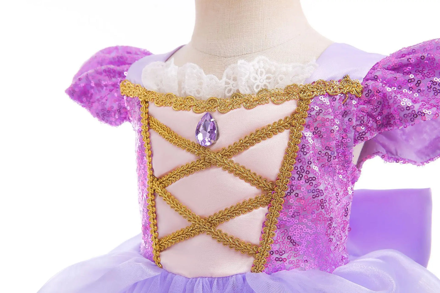Purple Puff Sleeve Princess Ball Gown with Lace and Sequins