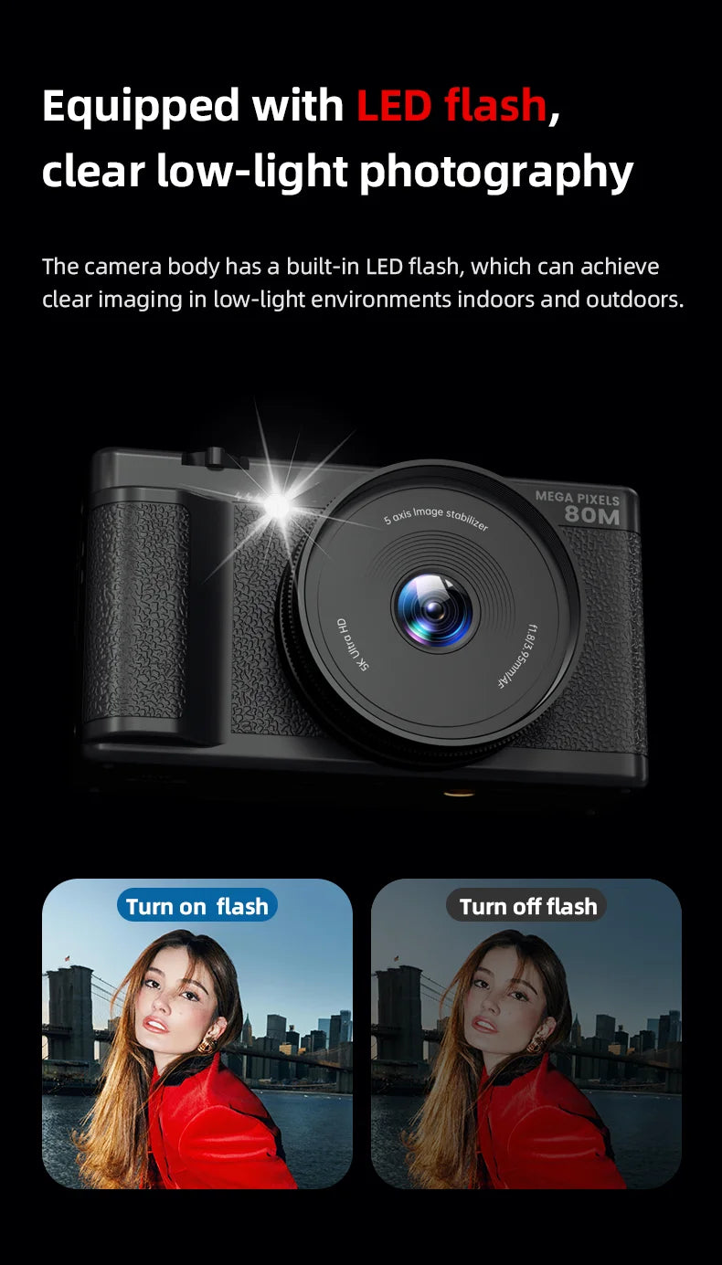 5K 80MP Digital Camera with 6-Axis Stabilization, 270° Flip Screen & 18X Zoom for Vlogging Photography