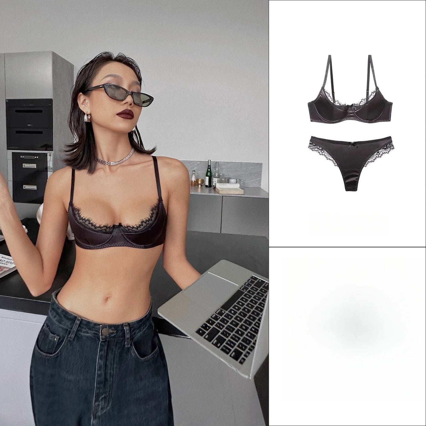 Womens Satin Patchwork Lace Underwire Push Up Bra Set