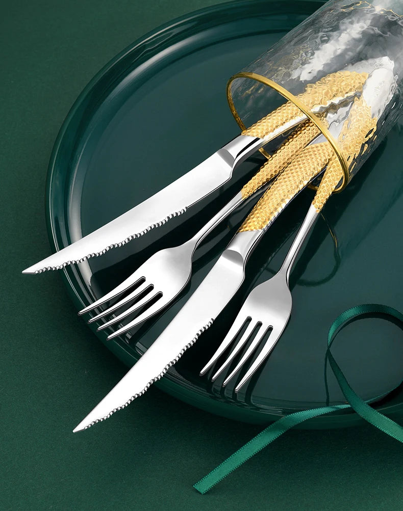4pcs Gold Cutlery Set Stainless Steel Steak Knife Fork Spoon Luxury Dinnerware Western Dinner Set for Gift Kitchen Accessories