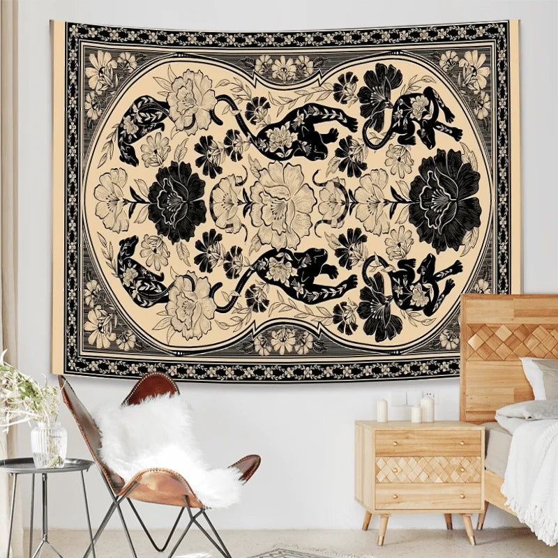 Art Black and White Leopard Print Floral Tapestry Retro Living Room Sofa Decor for Cafes Bohemian Style Home Decor