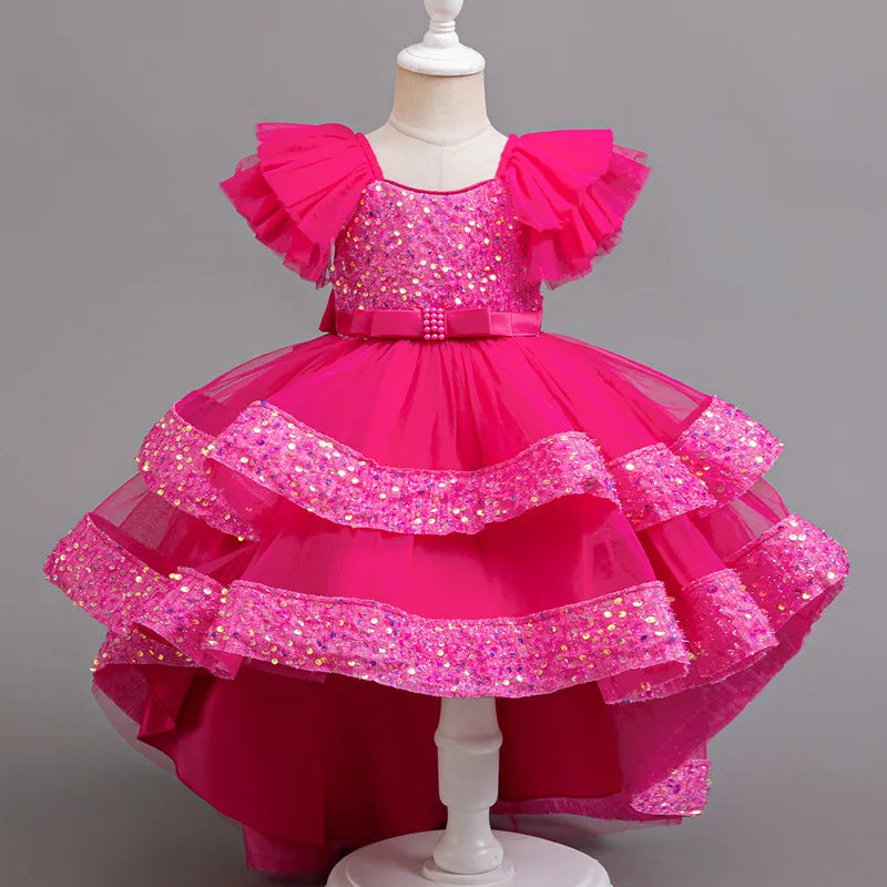 Sparkling Girls' Evening Gown - Sequin Dress with Train for Birthday Party & Piano Recital