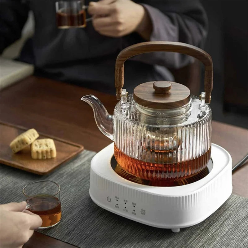Large Capacity 1300ml Stripe Pattern Glass Teapot with Wooden Beam Handle