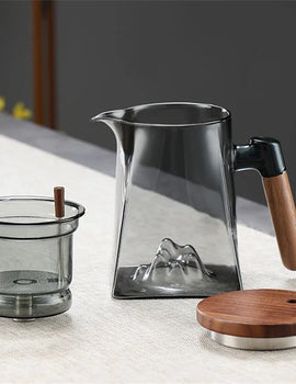 One Click Tea Separation Filtration Bottom Mountain View Glass Teapot With Wood Handle 700ml Kungfu Tea Water Separation Tea Pot