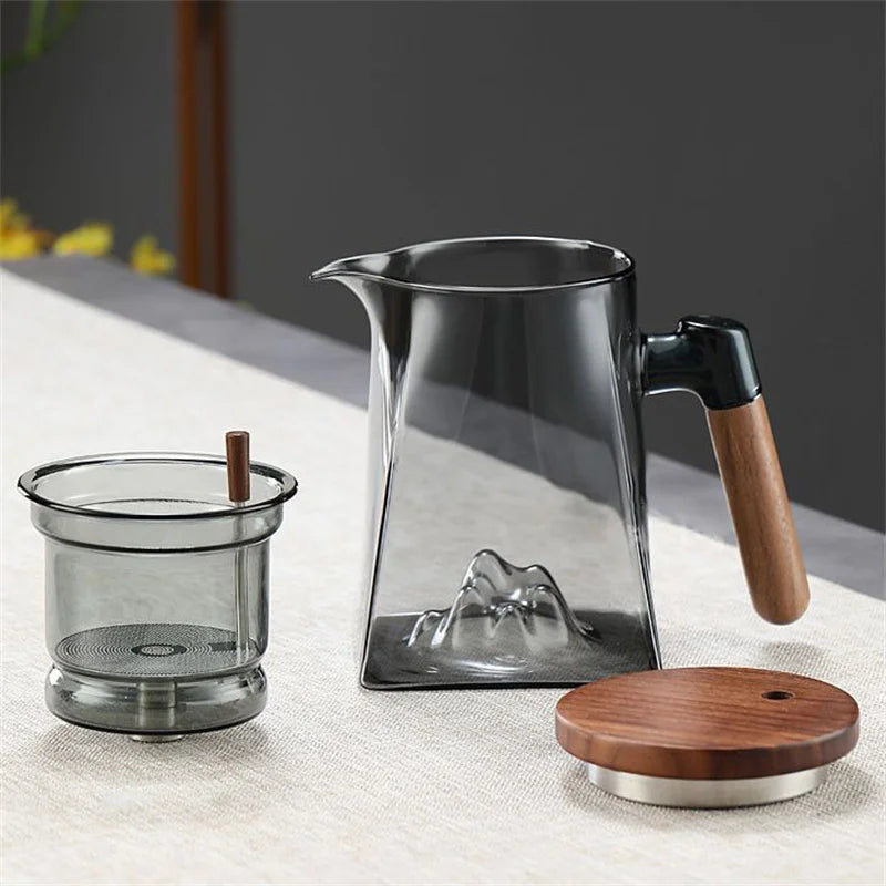 One Click Tea Separation Filtration Bottom Mountain View Glass Teapot With Wood Handle 700ml Kungfu Tea Water Separation Tea Pot