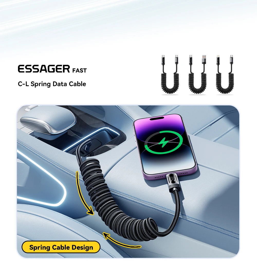Car Spring USB-C to Lightning Fast Charging Cable with Digital Display