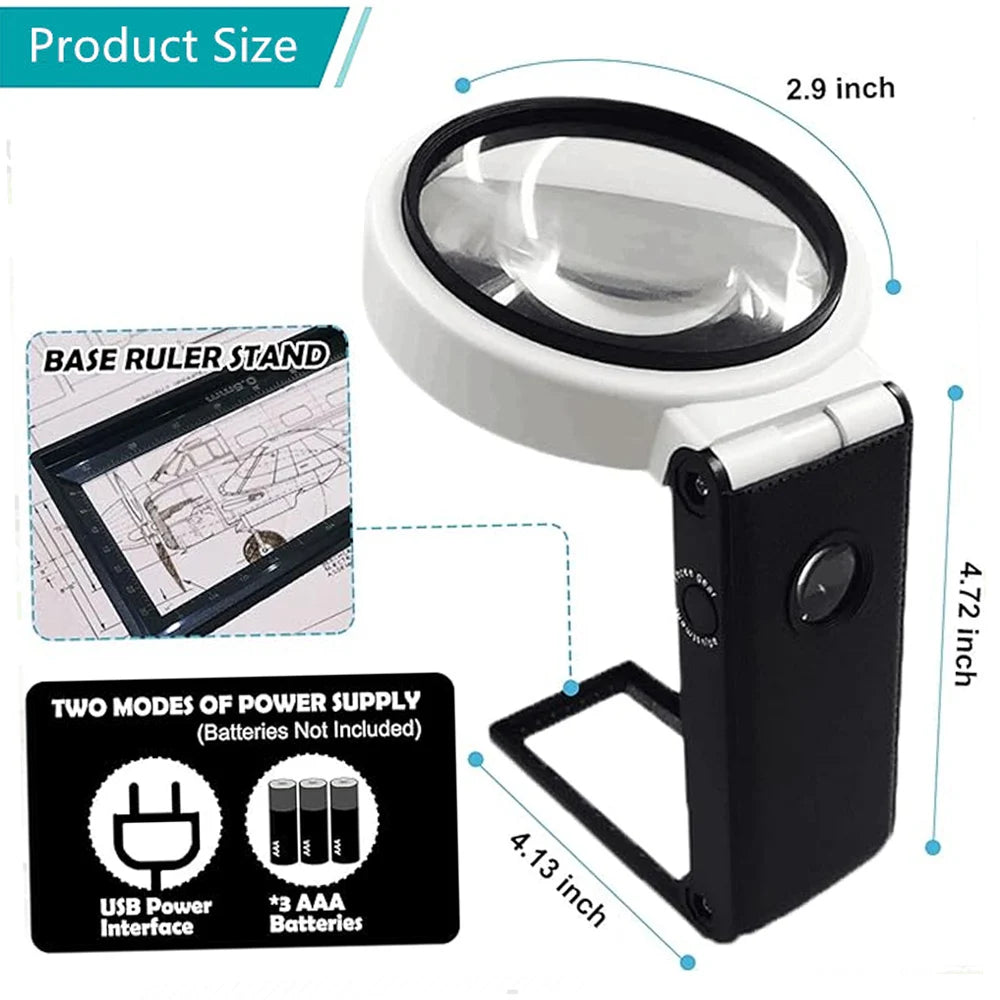 3X 5X 25X LED Handheld Magnifying Glass with Stand Foldable Reading Magnifier