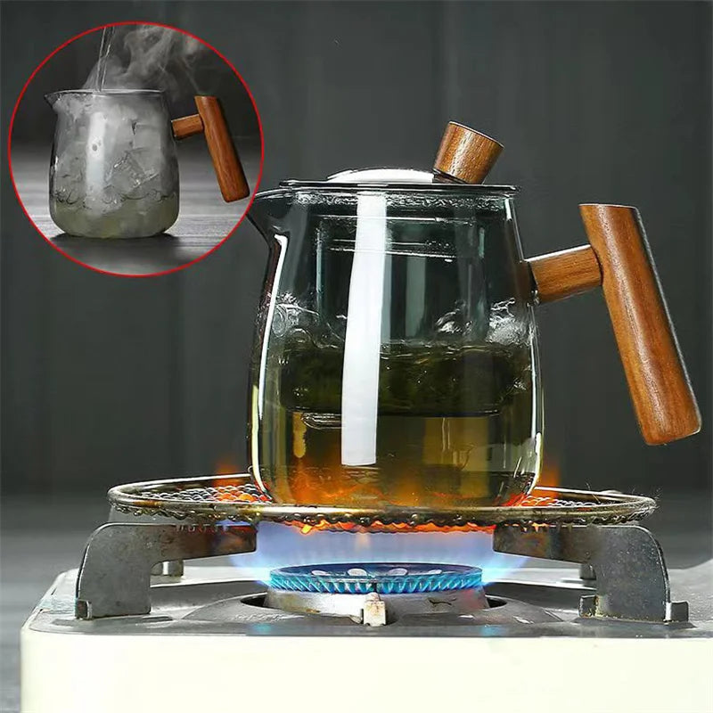 480ml Heat Resistant Glass Teapot with Wood Handle and Infuser