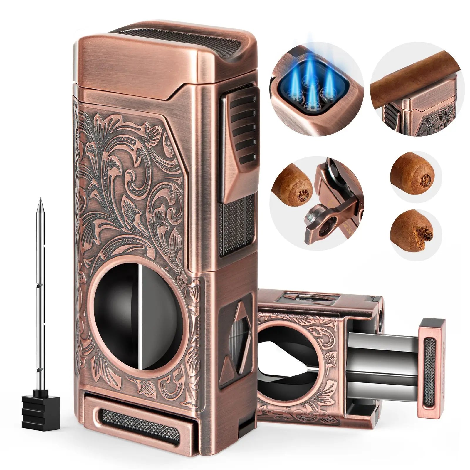 Cigar Lighter 4 Jet Flame, Refillable Butane Lighter with Cigar Cutter V Cut Cigar Punch Cigar Holder Cigar Draw Enhancer